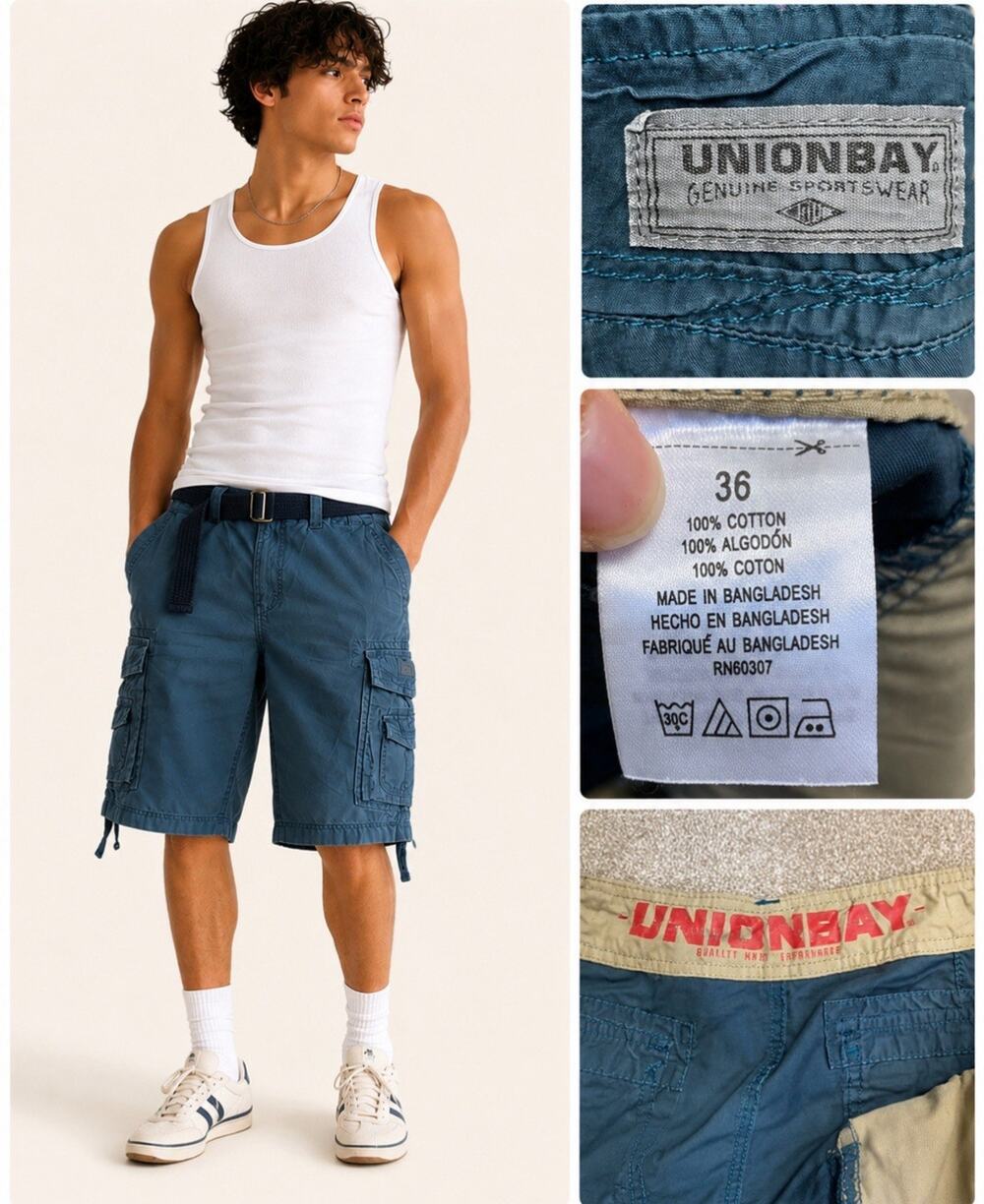 Y2K Parachute Indie Sleaze UnionBay Loose Fit Cargo Shorts 36 Teal Blue Belted